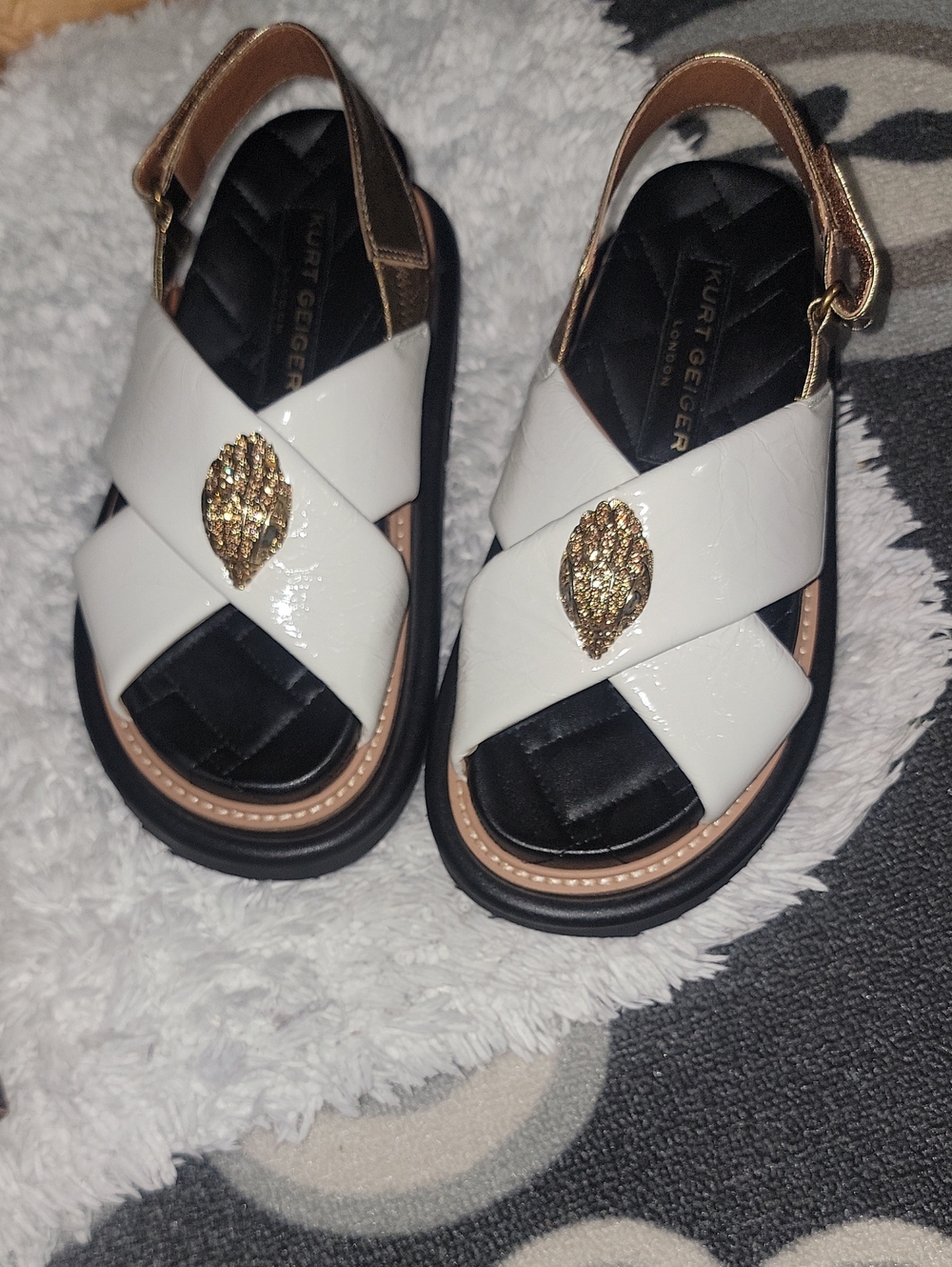Kurt Geiger White Patent Cross-Strap Sandals , Gold Leaf Accent offers Excepted